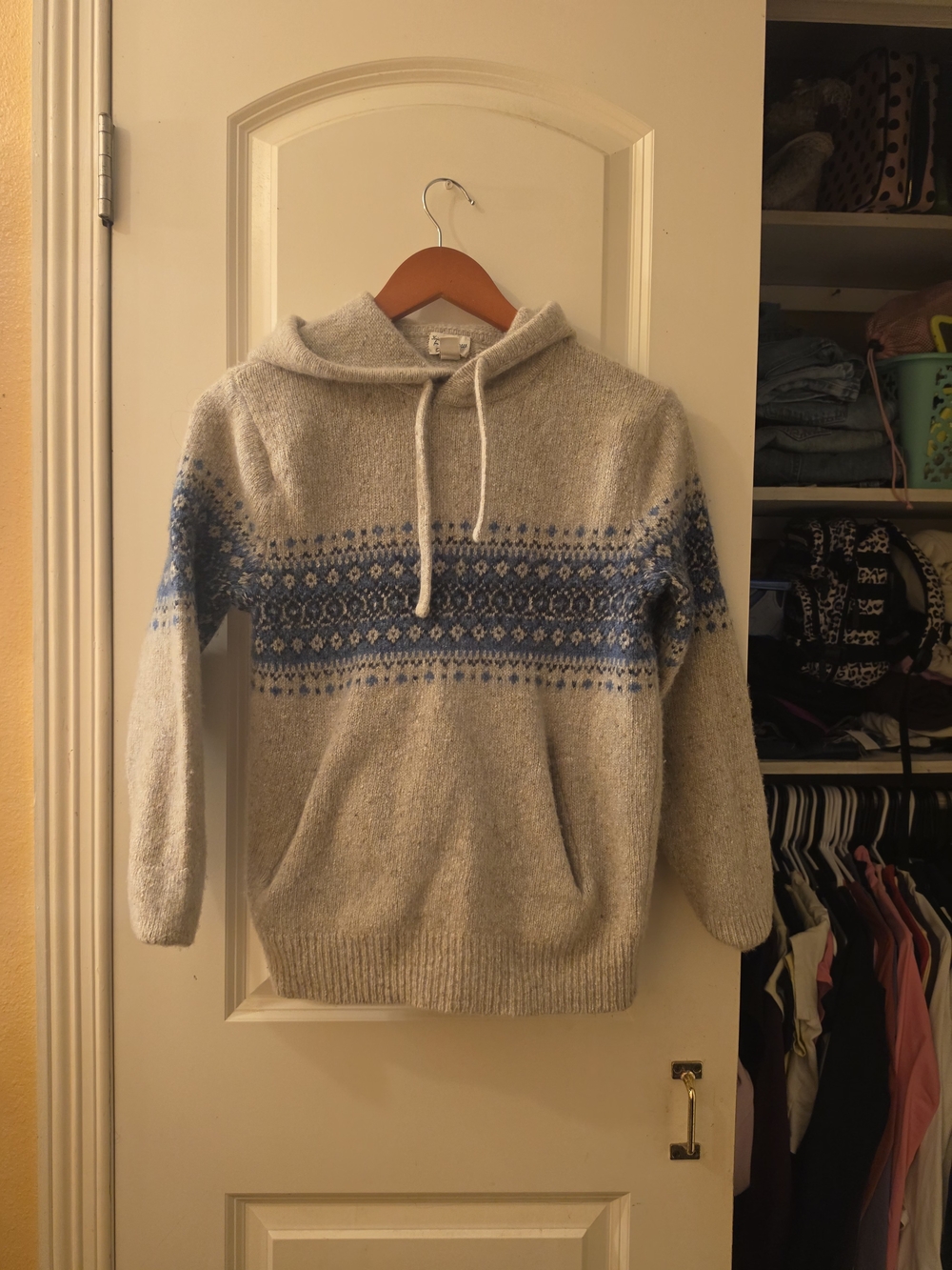 J. Crew Hooded Fair Isle Sweater - Light Gray with Blue Pattern
